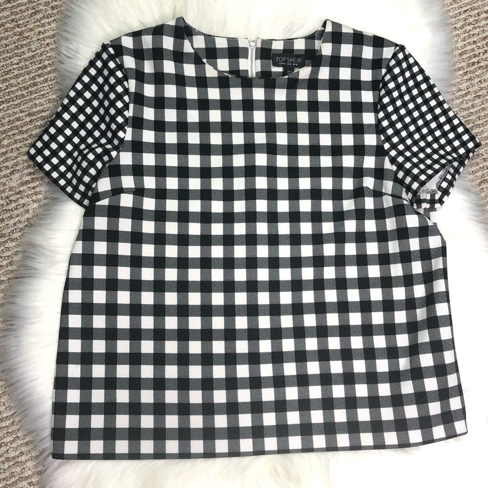 Topshop Black and White Plaids Tank Top Shirt Crew Neck Short sleeve Casual Soft
